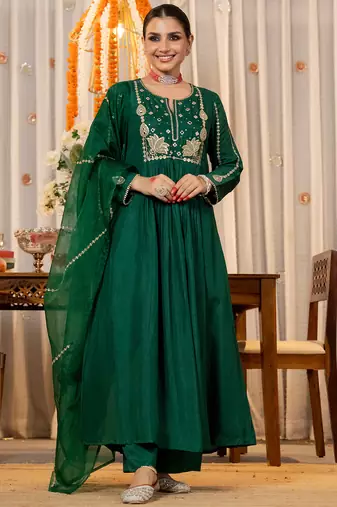 green chanderi silk heavy thread embroidery kurta pant set with dupatta