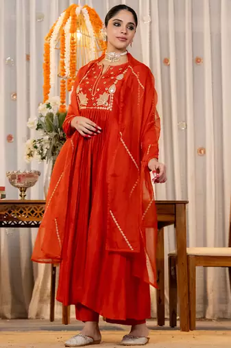 rust chanderi silk heavy thread embroidery kurta pant set with dupatta
