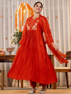 rust chanderi silk heavy thread embroidery kurta pant set with dupatta 4
