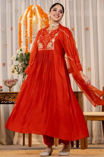 rust chanderi silk heavy thread embroidery kurta pant set with dupatta