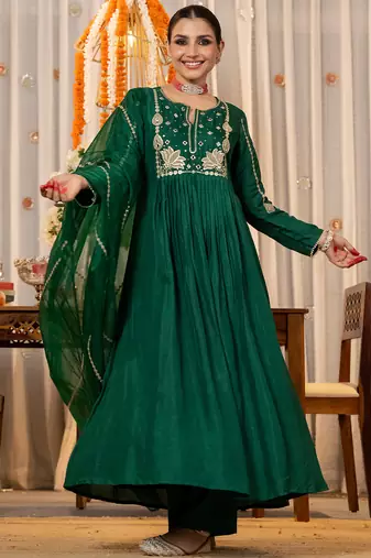 green chanderi silk heavy thread embroidery kurta pant set with dupatta