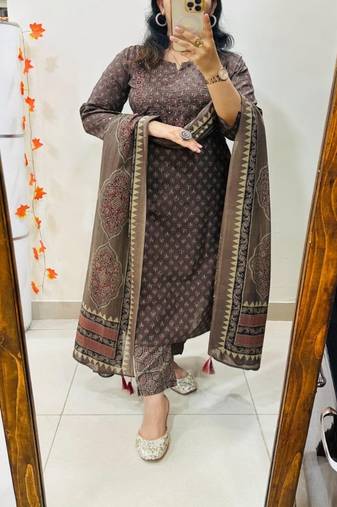 Floral printed round neck pure cotton kurta trouser & dupatta set