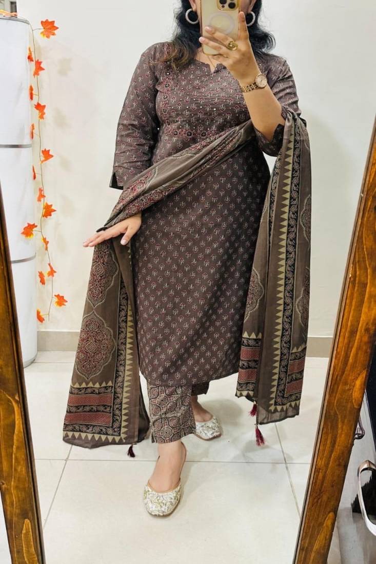Floral printed round neck pure cotton kurta trouser & dupatta set