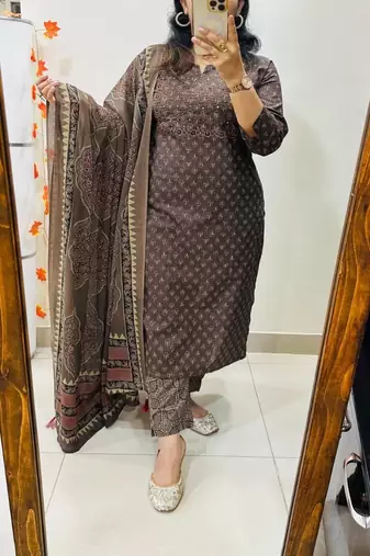 elegant floral printed round neck  cotton kurta set