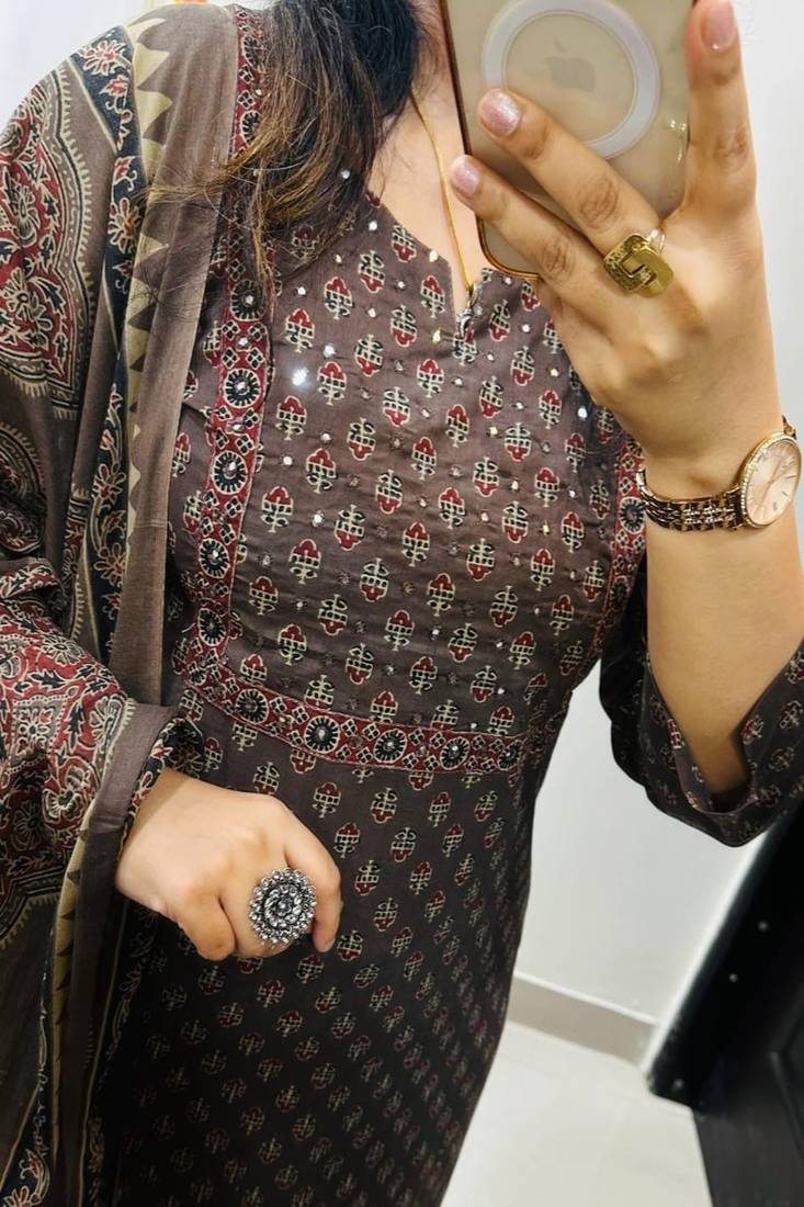 Floral printed round neck pure cotton kurta trouser & dupatta set