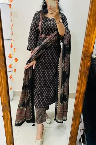 Floral printed round neck pure cotton kurta trouser & dupatta set