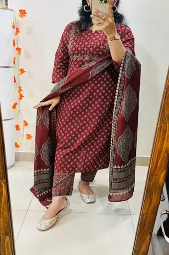 Floral printed round neck pure cotton kurta trouser & dupatta set