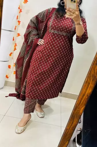 floral printed round neck  cotton kurta trouser set