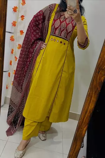 yellow floral printed v-neck  cotton kurta trouser set for women