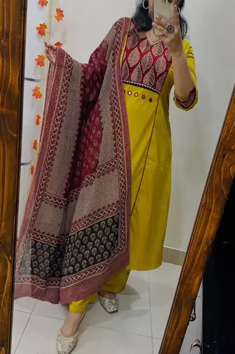 yellow floral printed v-neck  cotton kurta trouser set for women