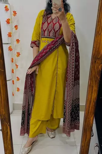 yellow floral printed v-neck  cotton kurta trouser set for women