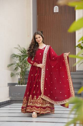 Maroon Embroidered Gown with Dupatta