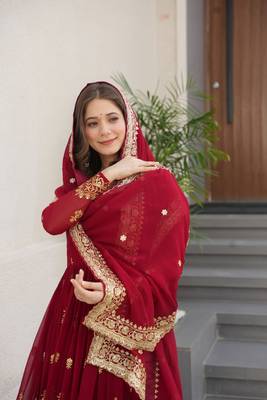 Maroon Embroidered Gown with Dupatta 4