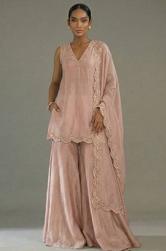 Pink embroidered silk sharara set