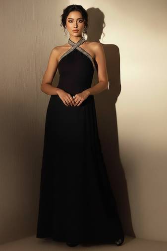 Black embroidered satin silk gown
