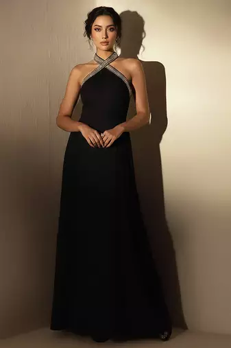 Black embroidered satin silk gown