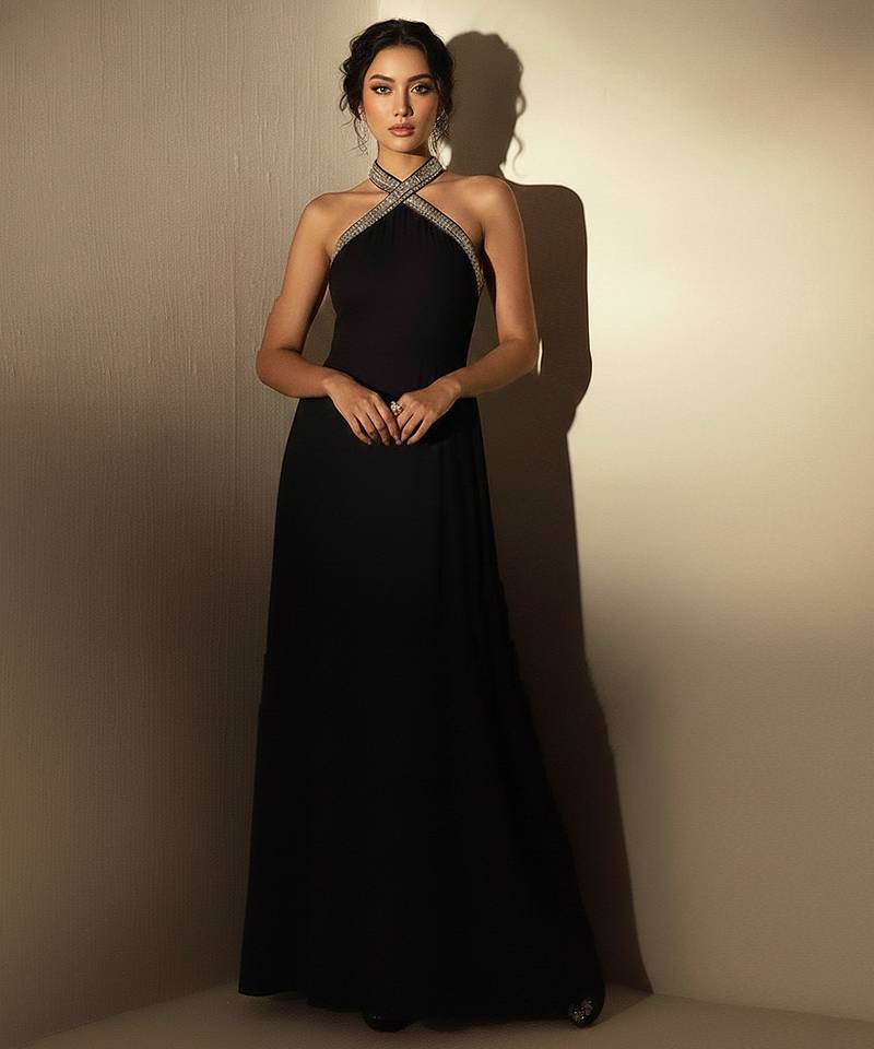 Black embroidered satin silk gown