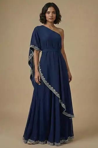 Blue embroidered georgette gown
