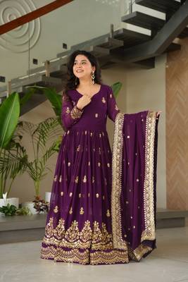 purple blooming fabric zari & sequins embroidered gown with dupatta 1