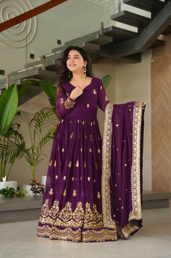 purple blooming fabric zari & sequins embroidered gown with dupatta