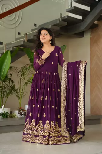 Purple Blooming Embroidered Gown with Dupatta