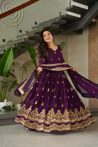 purple blooming fabric zari & sequins embroidered gown with dupatta