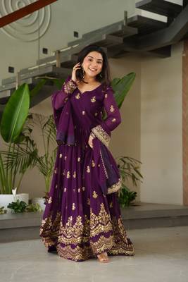 purple blooming fabric zari & sequins embroidered gown with dupatta 3
