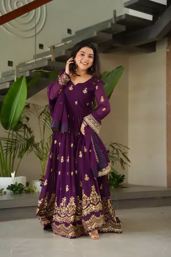 purple blooming fabric zari & sequins embroidered gown with dupatta