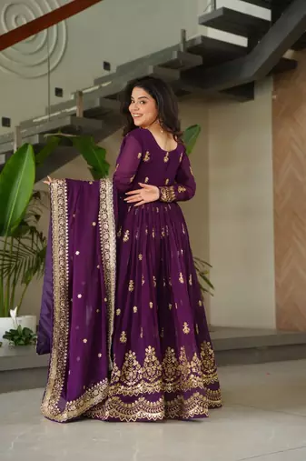 purple blooming fabric zari & sequins embroidered gown with dupatta