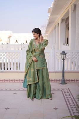 pista green fendi crush zari & sequins embroidered kurta sharara set 1