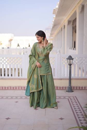 Pista Green Sequins & Zari Work Kurta Sharara Set