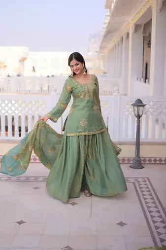 pista green fendi crush zari & sequins embroidered kurta sharara set