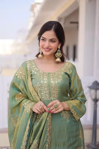 pista green fendi crush zari & sequins embroidered kurta sharara set