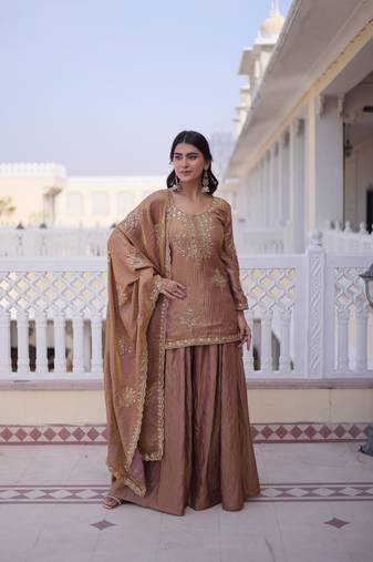 brown fendi crush zari & sequins embroidered kurta sharara set