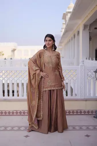 Brown Sequins & Zari Work Kurta Sharara Set