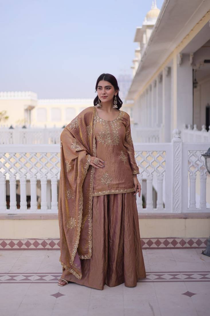 Brown Sequins & Zari Work Kurta Sharara Set