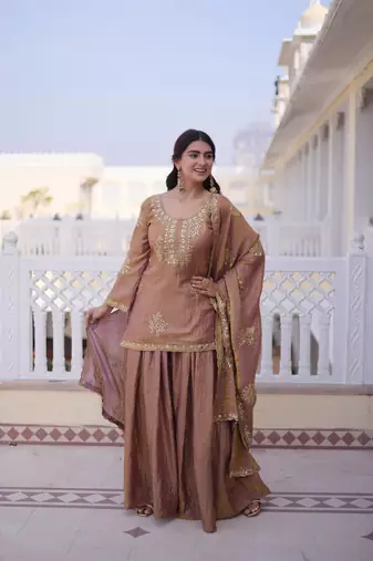 brown fendi crush zari & sequins embroidered kurta sharara set