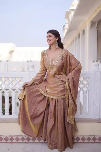 brown fendi crush zari & sequins embroidered kurta sharara set