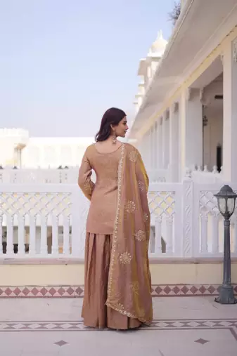 brown fendi crush zari & sequins embroidered kurta sharara set