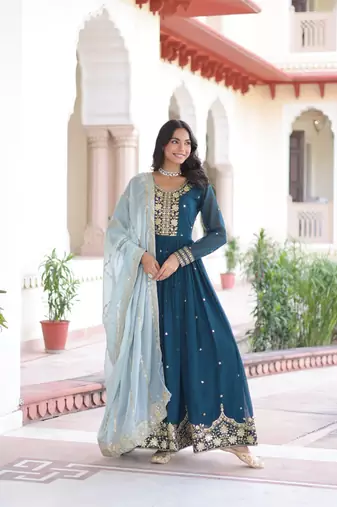 Georgette Sequins & Zari Embroidered Gown with Dupatta