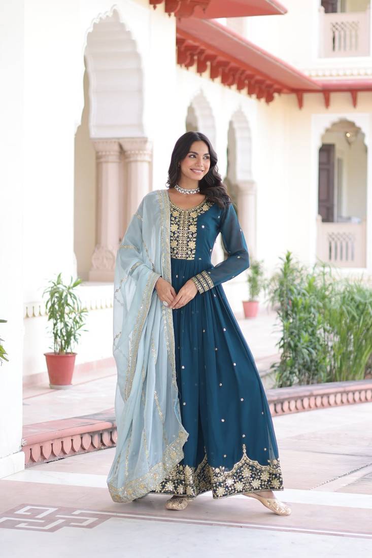 Georgette Sequins & Zari Embroidered Gown with Dupatta