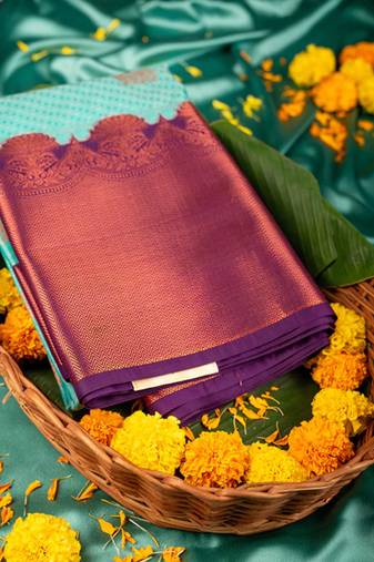 Aqua blue and purple semi silk saree