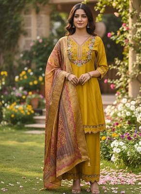 yellow cotton silk thread sequin palazzo suit 1