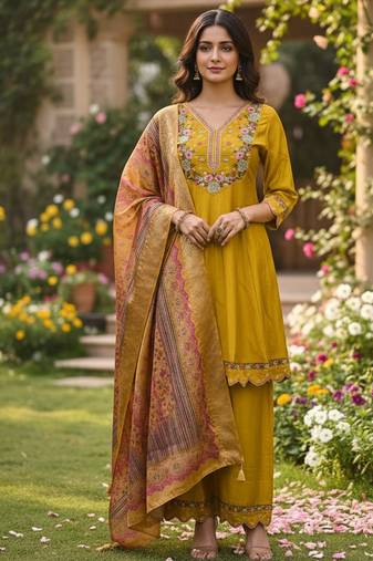 yellow cotton silk thread sequence designer palazzo suit