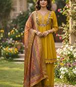 yellow cotton silk thread sequence designer palazzo suit
