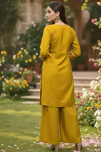 yellow cotton silk thread sequin palazzo suit