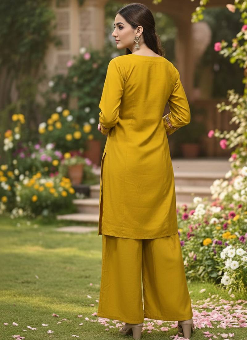 yellow cotton silk thread sequence designer palazzo suit