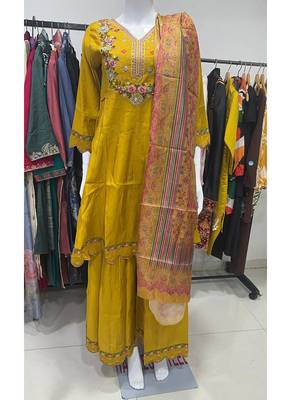 yellow cotton silk thread sequin palazzo suit 3
