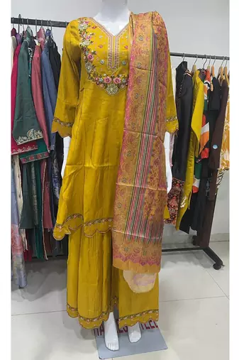 yellow cotton silk thread sequin palazzo suit