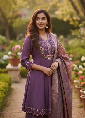 beige cotton silk thread & sequin embroidered salwar suit with elegant dupatta 1